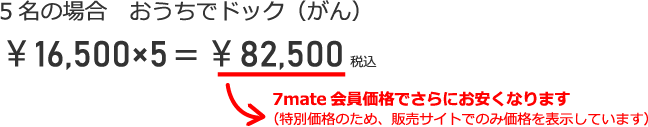 5名の場合　おうちでドック（がん）￥16,500×5＝￥82,500税込 7mate会員価格でさらにお安くなります（特別価格のため、販売サイトでのみ価格を表示しています）